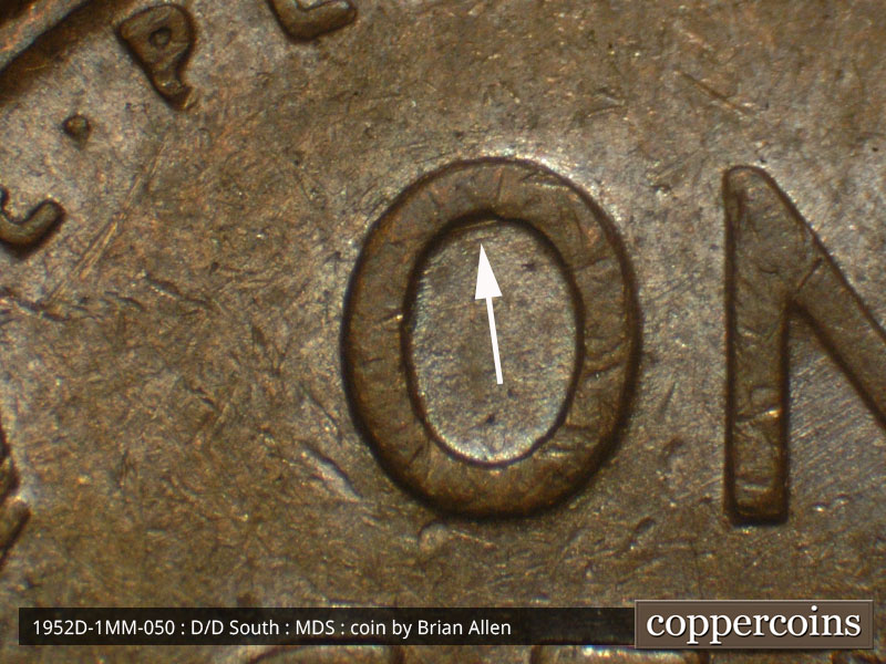 Die-stage B marker on 1952D•1MM•050 (1952 Repunched Mint Mark).
