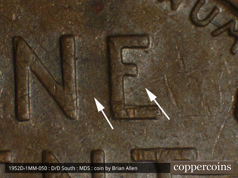 Die-stage B marker on 1952D•1MM•050 (1952 Repunched Mint Mark).