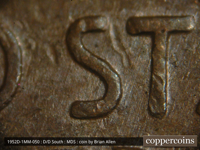 Die-stage B marker on 1952D•1MM•050 (1952 Repunched Mint Mark).