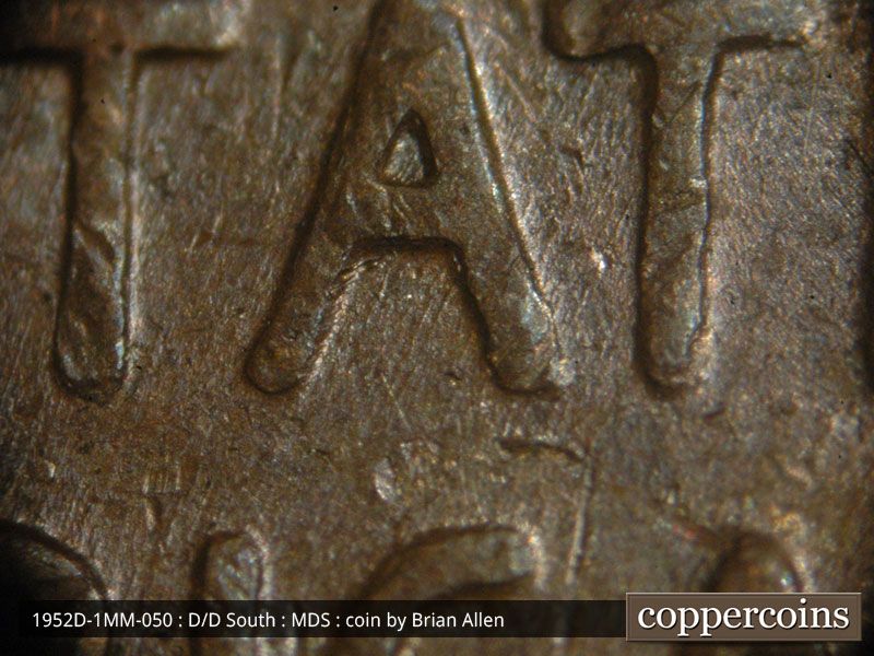 Die-stage B marker on 1952D•1MM•050 (1952 Repunched Mint Mark).