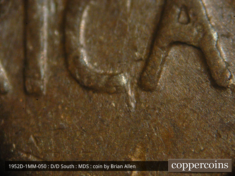 Die-stage B marker on 1952D•1MM•050 (1952 Repunched Mint Mark).