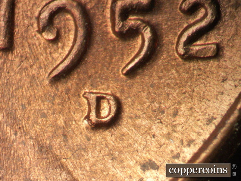 1952 Lincoln cent obverse, CopperCoins die 1952D•1MM•051.