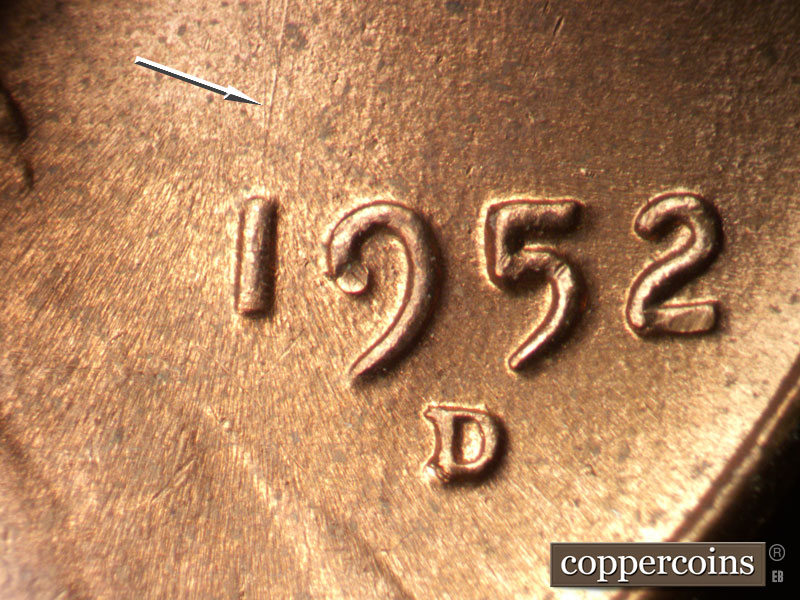 Die-stage B marker on 1952D•1MM•051 (1952 Repunched Mint Mark).