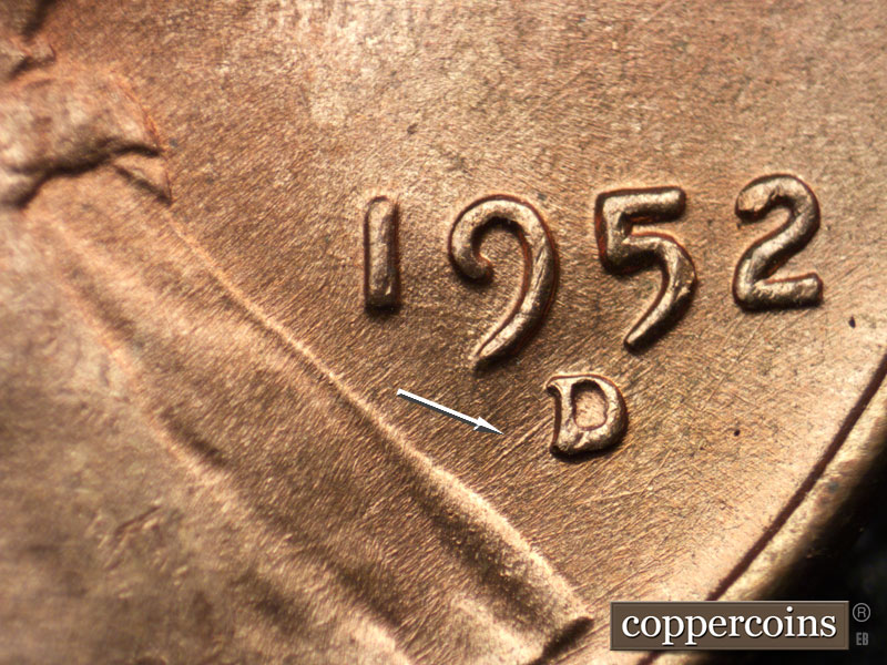 Die-stage B marker on 1952D•1MM•055 (1952 Repunched Mint Mark).