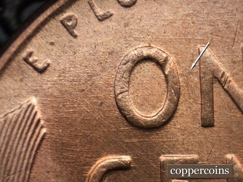 Die-stage B marker on 1952D•1MM•055 (1952 Repunched Mint Mark).