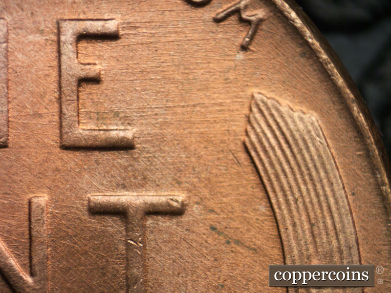 Die-stage B marker on 1952D•1MM•055 (1952 Repunched Mint Mark).