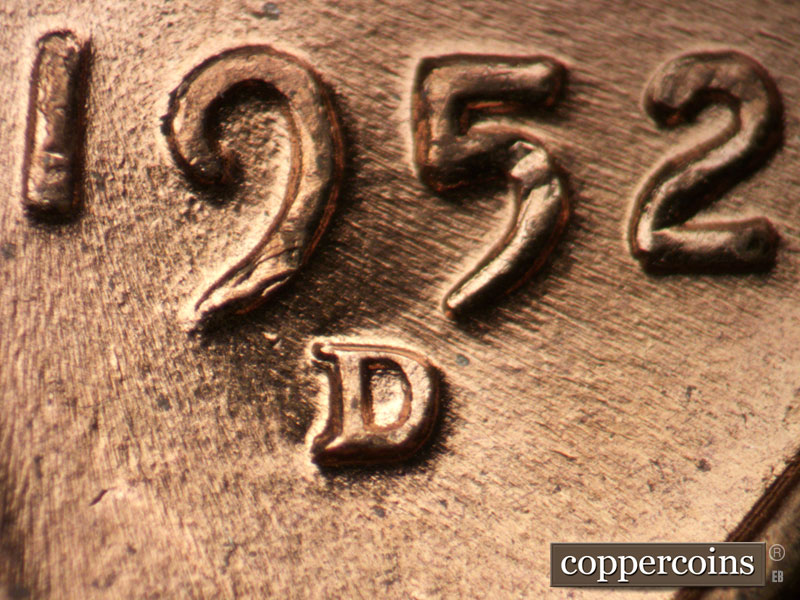 1952 Lincoln cent obverse, CopperCoins die 1952D•1MM•060.