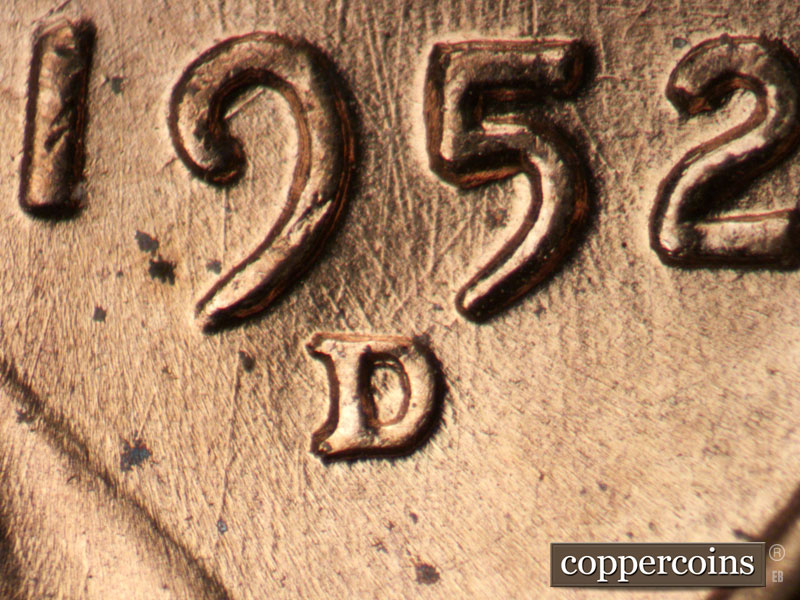 1952 Lincoln cent obverse, CopperCoins die 1952D•1MM•061.