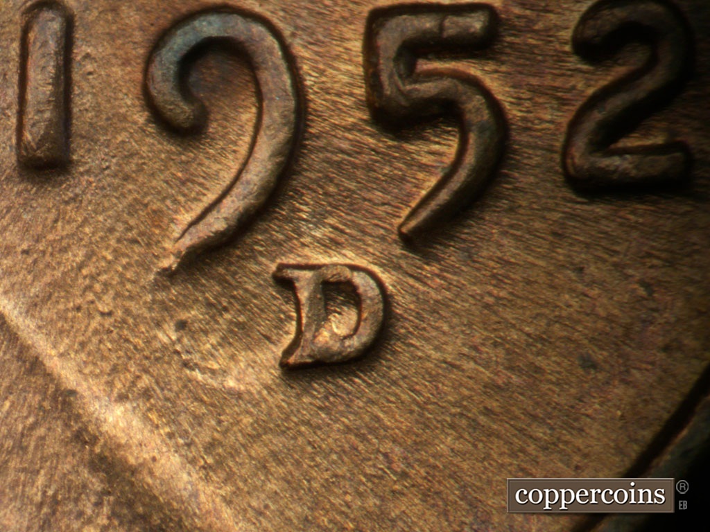 Die-stage C marker on 1952D•1MM•061 showing Closeup of repunched mint mark. Die crack developing from bottom of 9 in date.