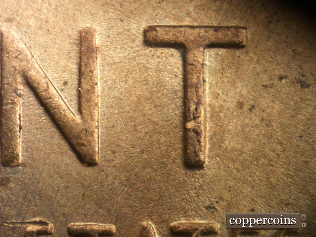 Die-stage C marker on 1952D•1MM•061 showing Die chipping on vertical on T in CENT.