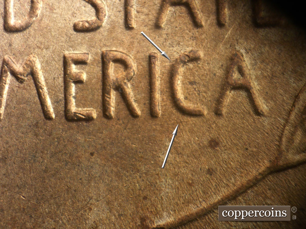 Die-stage C marker on 1952D•1MM•061 showing WSW die scratch still visible from bottom of C in AMERICA.