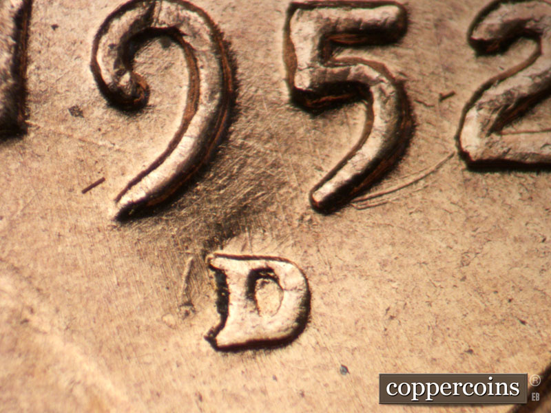 1952 Lincoln cent obverse, CopperCoins die 1952D•1MM•063.