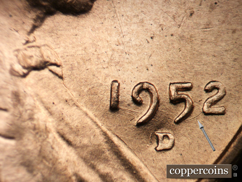 Die-stage B marker on 1952D•1MM•063 (1952 Repunched Mint Mark).