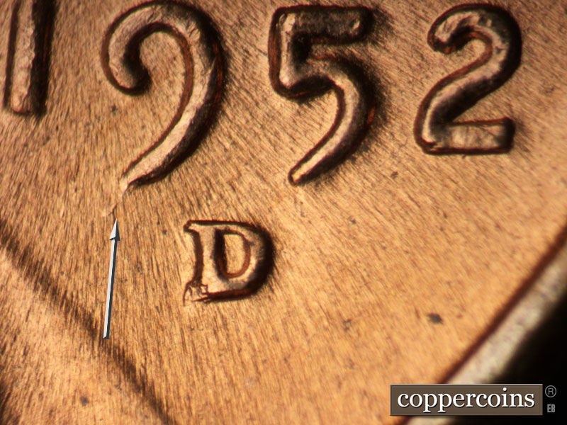 1952 Lincoln cent obverse, CopperCoins die 1952D•1MM•065.