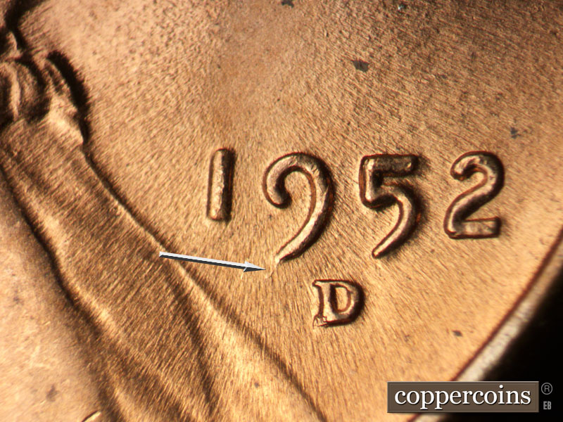 Die-stage B marker on 1952D•1MM•065 (1952 Repunched Mint Mark).