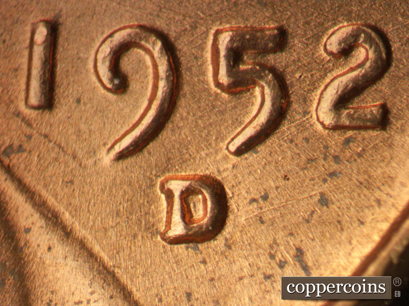 1952 Lincoln cent obverse, CopperCoins die 1952D•1MM•067.