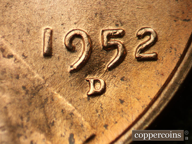 Die-stage B marker on 1952D•1MM•070 (1952 Repunched Mint Mark).
