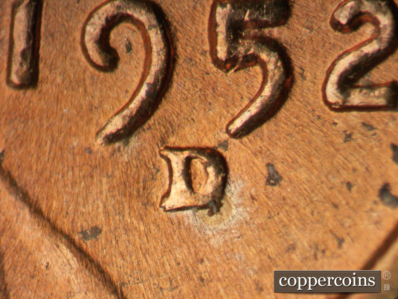 1952 Lincoln cent obverse, CopperCoins die 1952D•1MM•071.