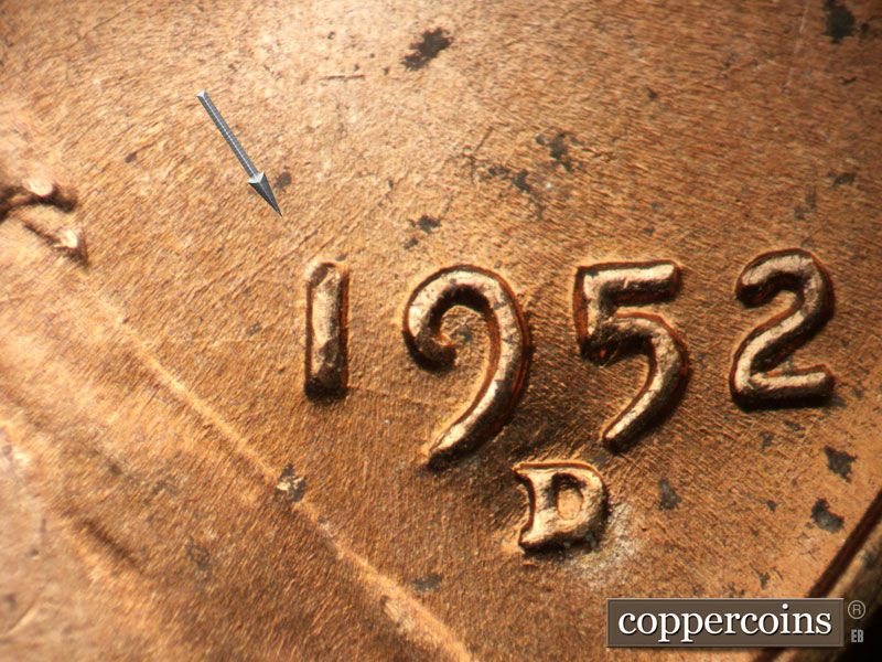 Die-stage B marker on 1952D•1MM•071 (1952 Repunched Mint Mark).
