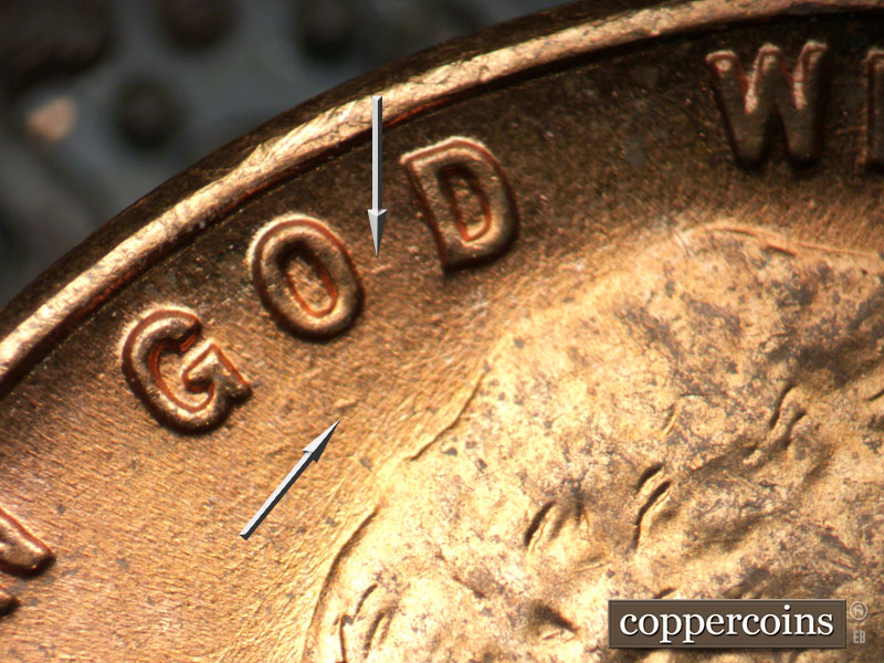 Die-stage B marker on 1952D•1MM•071 (1952 Repunched Mint Mark).