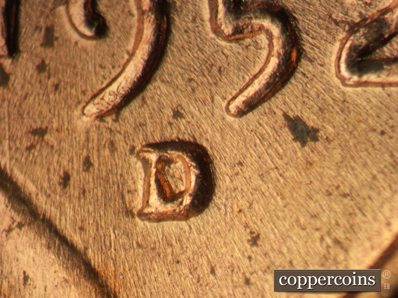 1952 Lincoln cent obverse, CopperCoins die 1952D•1MM•072.