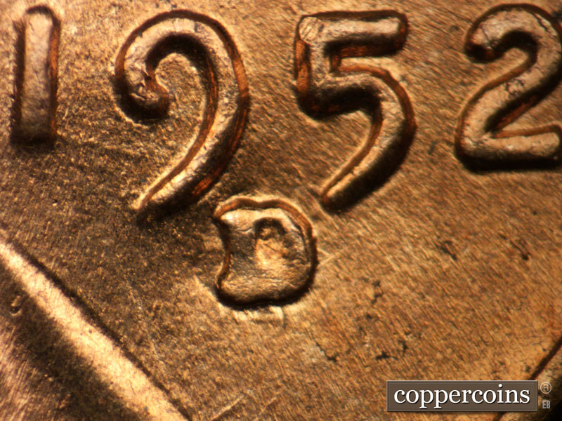1952 Lincoln cent obverse, CopperCoins die 1952D•1MM•074.
