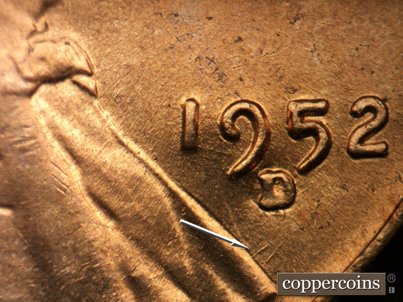 Die-stage B marker on 1952D•1MM•074 (1952 Repunched Mint Mark).