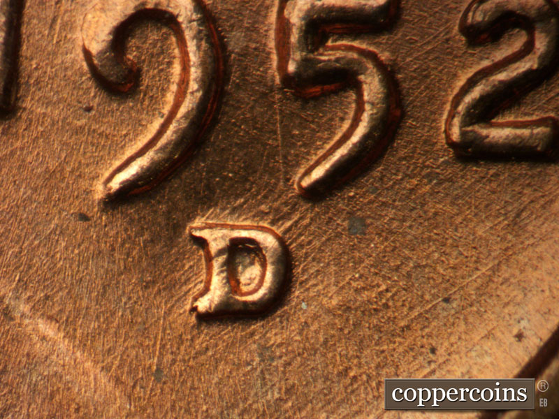 1952 Lincoln cent obverse, CopperCoins die 1952D•1MM•075.
