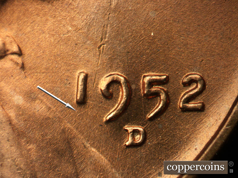 Die-stage B marker on 1952D•1MM•075 (1952 Repunched Mint Mark).