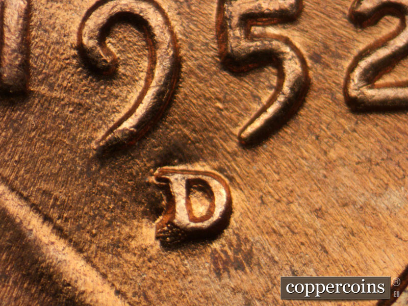 1952 Lincoln cent obverse, CopperCoins die 1952D•1MM•076.