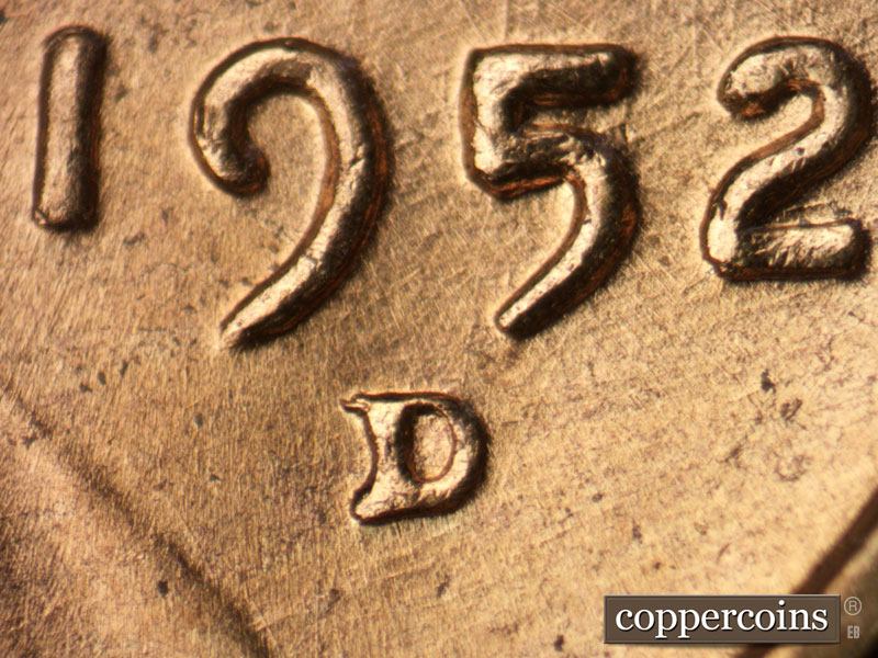 1952 Lincoln cent obverse, CopperCoins die 1952D•1MM•080.