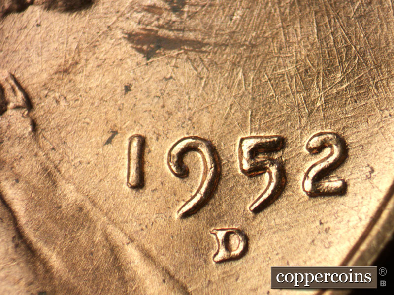 Die-stage B marker on 1952D•1MM•080 (1952 Repunched Mint Mark).