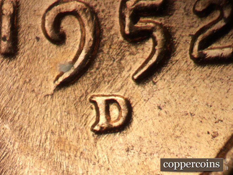 1952 Lincoln cent obverse, CopperCoins die 1952D•1MM•081.