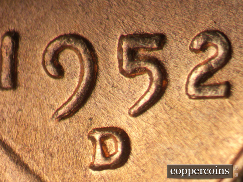 1952 Lincoln cent obverse, CopperCoins die 1952D•1MM•083.