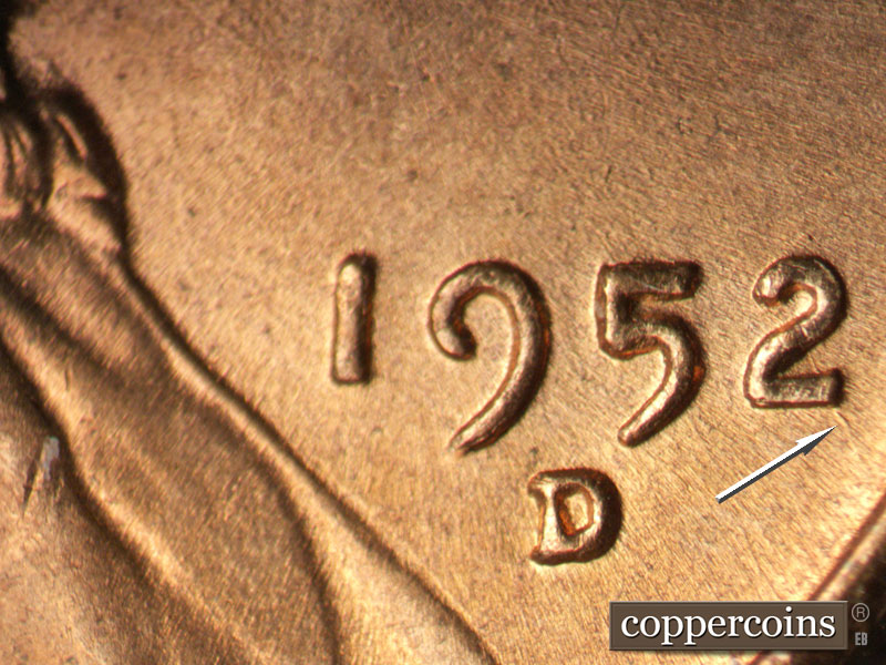 Die-stage B marker on 1952D•1MM•083 (1952 Repunched Mint Mark).