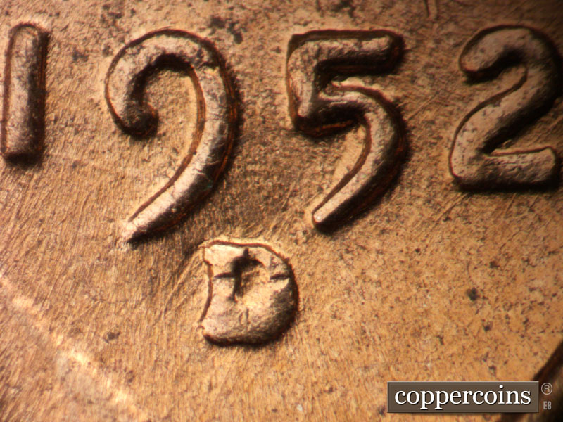 1952 Lincoln cent obverse, CopperCoins die 1952D•1MM•084.