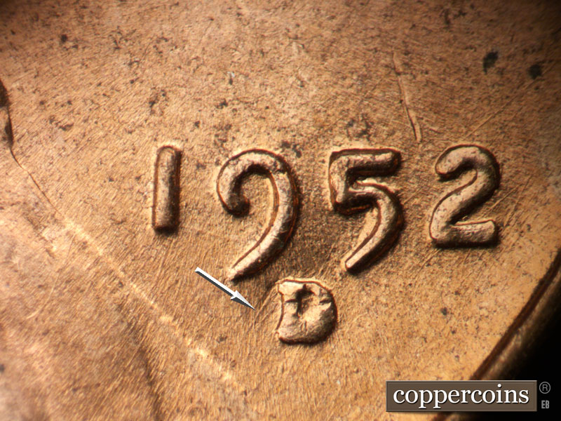 Die-stage B marker on 1952D•1MM•084 (1952 Repunched Mint Mark).