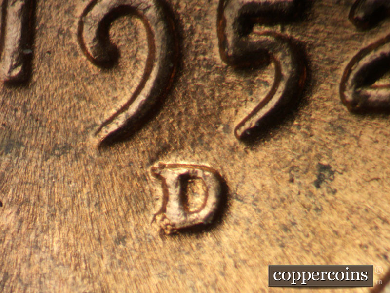 1952 Lincoln cent obverse, CopperCoins die 1952D•1MM•088 — Closeup of repunched mint mark.