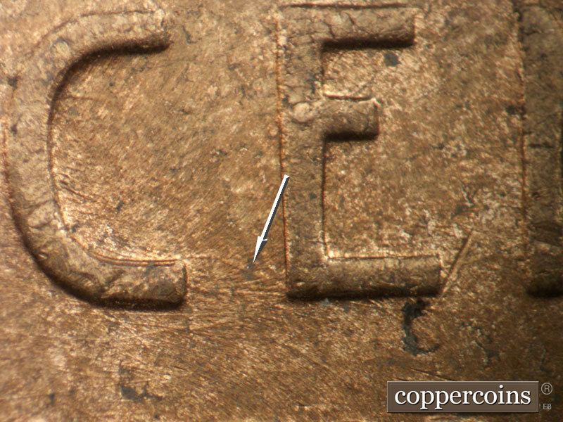 Die-stage C marker on 1952D•1MM•088 showing Die scratches connect bottom of CE in CENT.