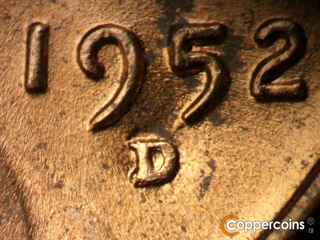Die-stage B marker on 1952D•1MM•088 showing Closeup of repunched mint mark.
