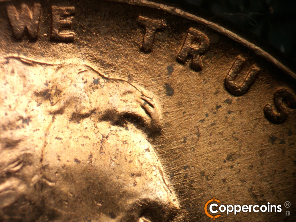 Die-stage B marker on 1952D•1MM•088 showing ENE die scratches from front of forehead.