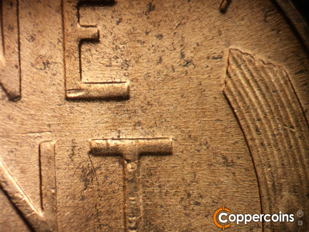 Die-stage B marker on 1952D•1MM•088 showing E/W die scratches between E in ONE and T in CENT.