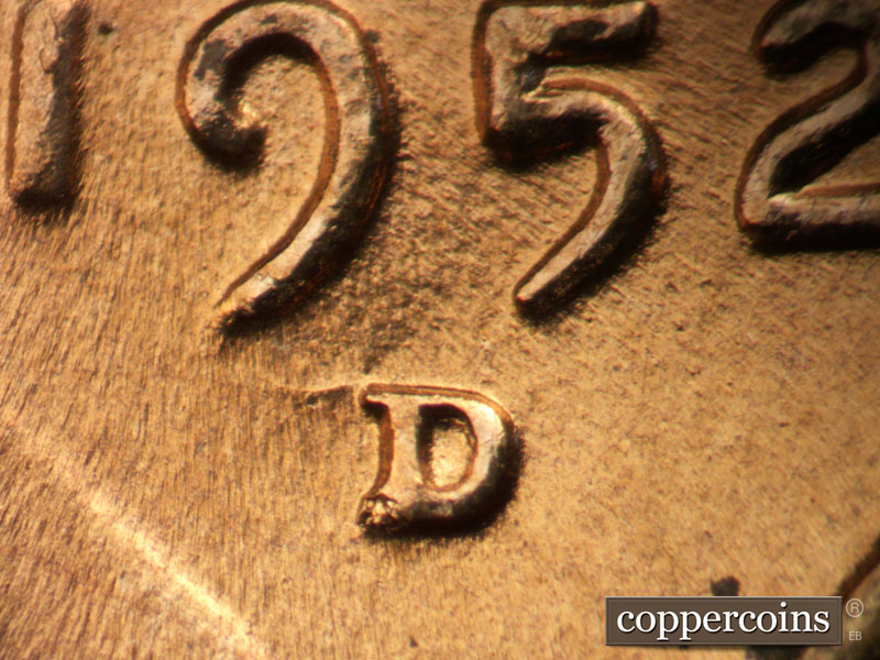1952 Lincoln cent obverse, CopperCoins die 1952D•1MM•089.