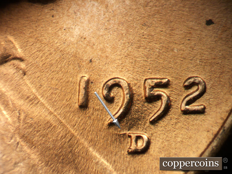 Die-stage B marker on 1952D•1MM•089 (1952 Repunched Mint Mark).