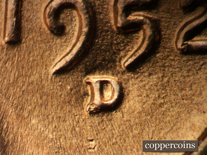1952 Lincoln cent obverse, CopperCoins die 1952D•1MM•090.