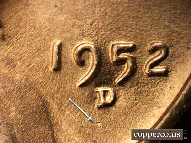 Die-stage B marker on 1952D•1MM•090 (1952 Repunched Mint Mark).
