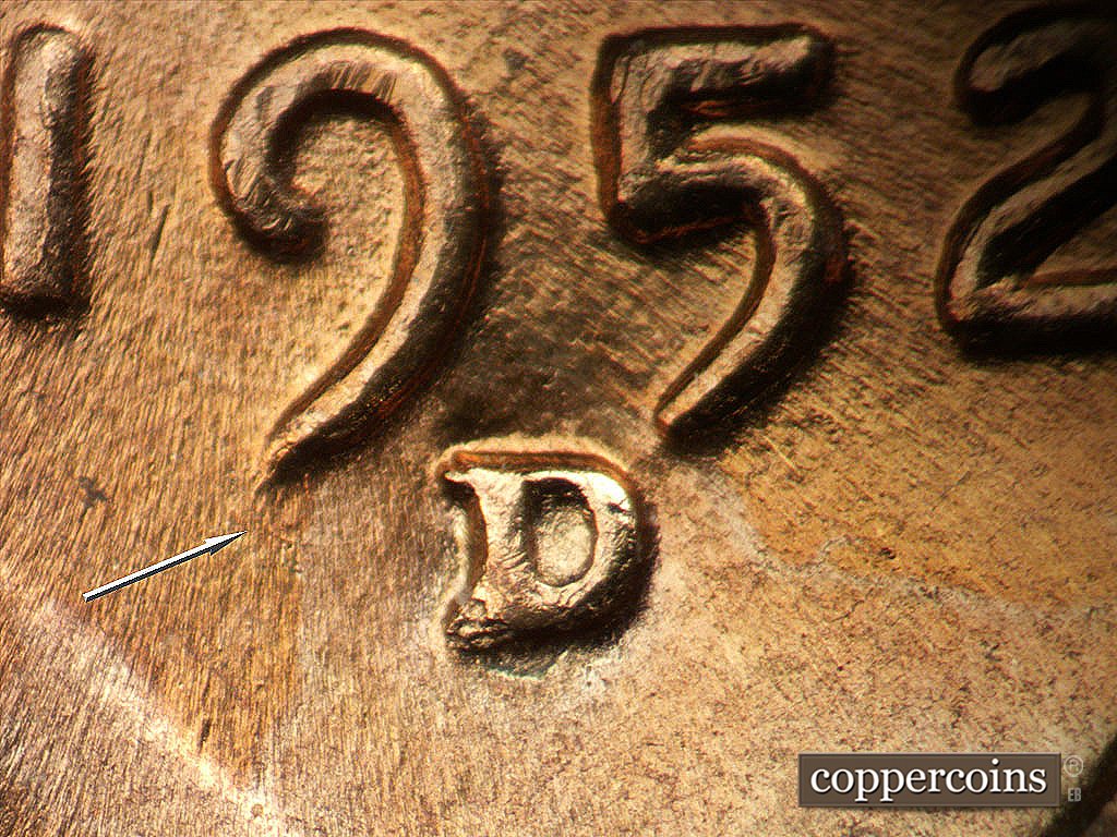 Die-stage B marker on 1952D•1MM•092 showing Closeup of repunched mintmark.