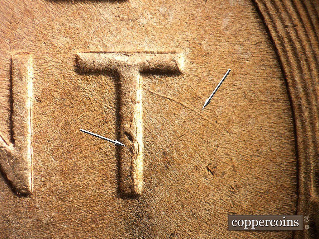 Die-stage B marker on 1952D•1MM•092 showing Die chips on T of CENT, Curved die scratch from T in CENT.