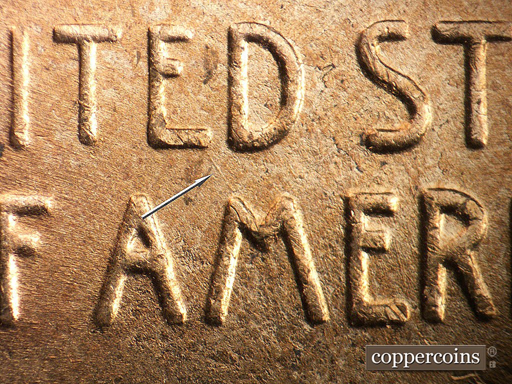 Die-stage B marker on 1952D•1MM•092 showing SE die scratch connects E in UNITED to M in AMERICA.