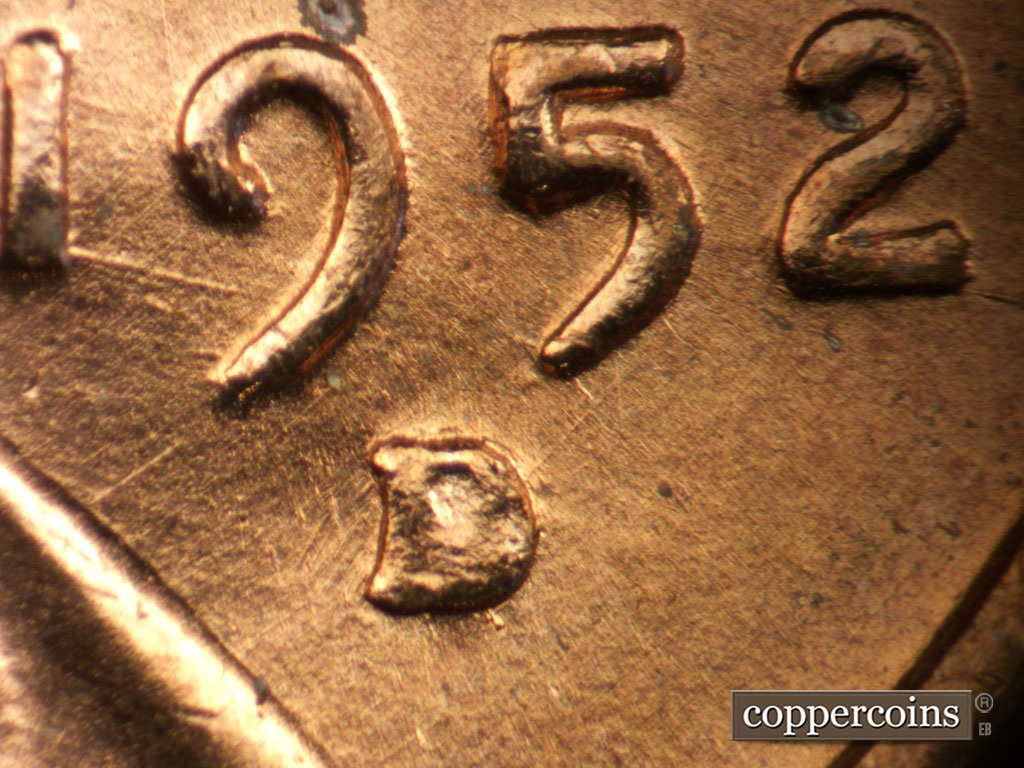 Die-stage A marker on 1952D•1MM•093 showing Closeup of repunched mint mar.